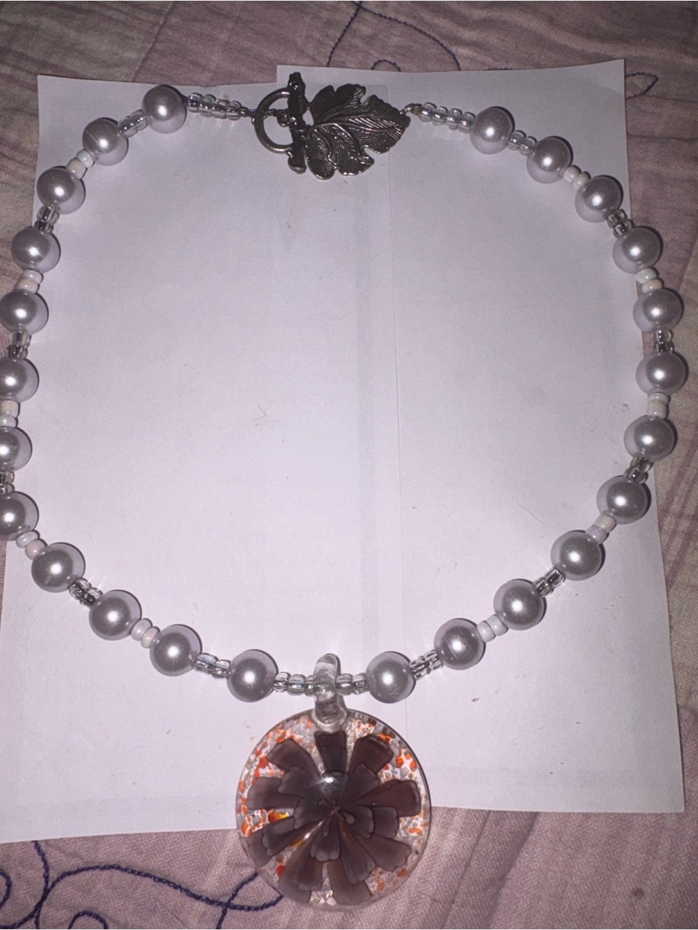 Handmade Pearlized Lilac Beaded Necklace with Floral Resin Glass Pendant